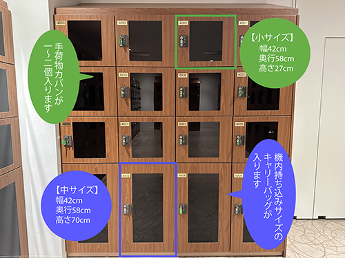 ロッカーのサイズイメージ 小サイズは幅42cm,奥行58cm,高さ27cmで手荷物カバンが1~2個入ります 中サイズは幅42cm,奥行58cm,高さ70cmで機内持ち込みサイズのキャリーバックが入ります